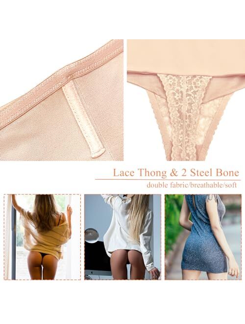 Werena Tummy Control Thong Shapewear for Women Mid High Waisted Body Shaper Underwear Lace Shaping Thong Girdle Panties