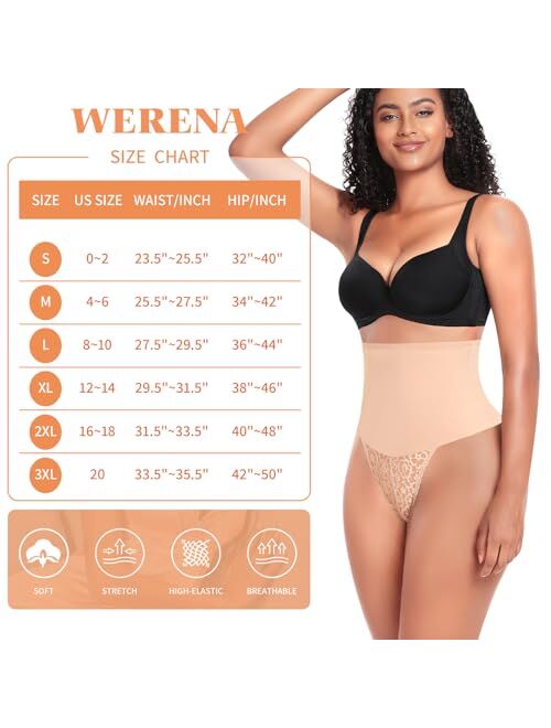 Werena Tummy Control Thong Shapewear for Women Mid High Waisted Body Shaper Underwear Lace Shaping Thong Girdle Panties