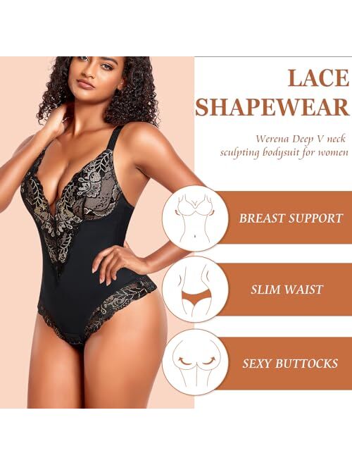 Werena Shapewear for Women Tummy Control Bodysuit Sculpting Body Shaper Slimming Thong Bodysuit Lace Shapewear