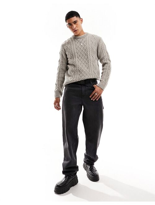 River Island cable crew sweater in stone