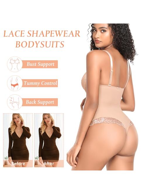 Werena Lace Tummy Control Shapewear Bodysuit for Women Slimming Body Shaper V Neck Sculpting Thong Bodysuit