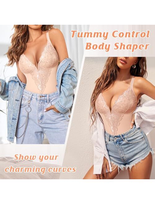 Werena Lace Tummy Control Shapewear Bodysuit for Women Slimming Body Shaper V Neck Sculpting Thong Bodysuit