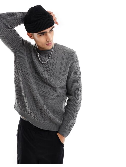 ASOS DESIGN knitted sweater with spliced cable detailing in charcoal
