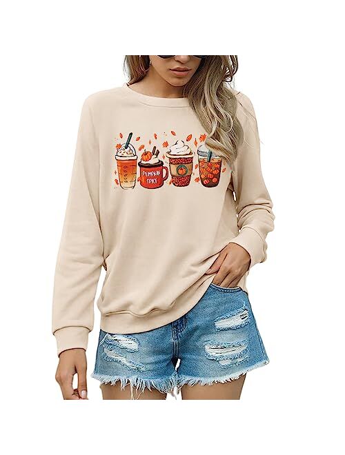 CM C&M WODRO Women's Pumpkin Coffee Graphic Sweatshirt Funny Thanksgiving Pullover Long Sleeve Crewneck Casual Shirts