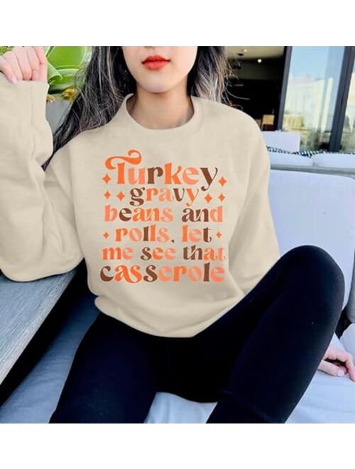 DUTUT Thanksgiving Sweatshirt Women Turkey Grateful Thankful Long Sleeve Turkey Graphic Fall Tee Blouse Turkey Day Gift Tops
