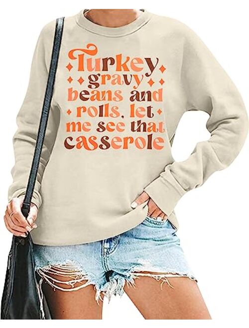 DUTUT Thanksgiving Sweatshirt Women Turkey Grateful Thankful Long Sleeve Turkey Graphic Fall Tee Blouse Turkey Day Gift Tops
