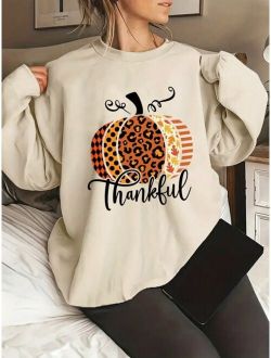 Plus Pumpkin And Letter Graphic Thermal Lined Sweatshirt