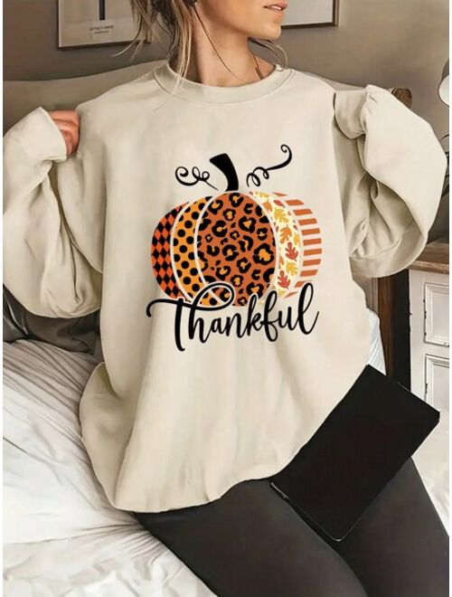 Shein Plus Pumpkin And Letter Graphic Thermal Lined Sweatshirt