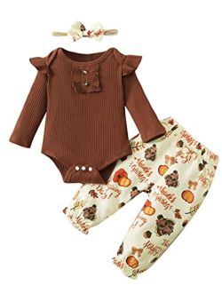 Shalofer Baby Girl Thanksgiving Clothes Infant Thanksgiving Outfit Ruffle Bodysuit and Turkey Pants Sets with Headband