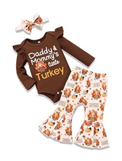 Menglang My First Thanksgiving Baby Girl Outfit Romper Long Sleeve Romper Bell-Bottom Pants Fall Winter Clothes Set