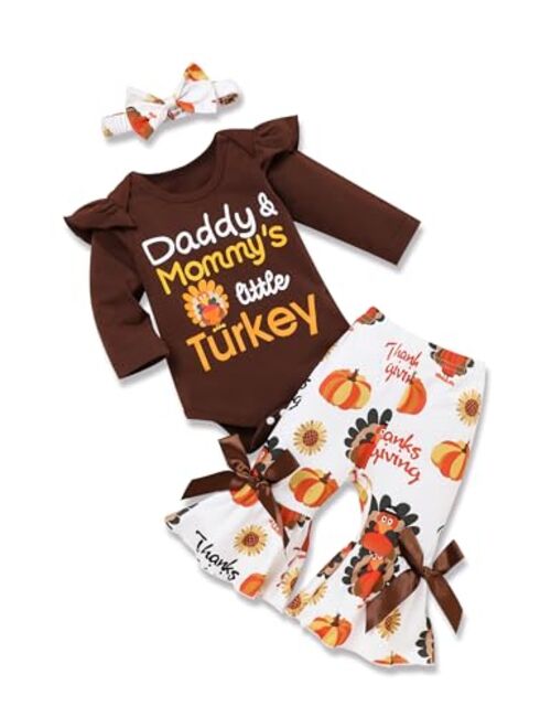 Menglang My First Thanksgiving Baby Girl Outfit Romper Long Sleeve Romper Bell-Bottom Pants Fall Winter Clothes Set