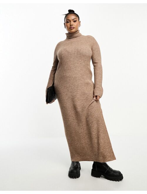 ASOS Curve ASOS DESIGN Curve knit maxi dress with high neck and side split in camel