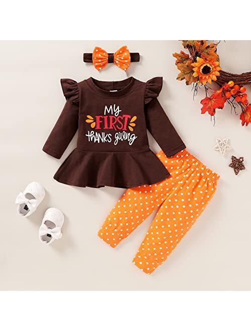 SEVEN YOUNG My First Thanksgiving Outfits Kids Toddler Baby Girls Ruffle Sleeve Shirt+Pants Set Fall Clothes