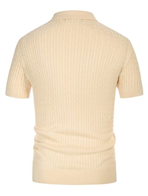 PJ PAUL JONES Mens Knitted Polo Shirts Cable Short Sleeve Golf Polo Shirt Breathable Knitting Polo Shirts