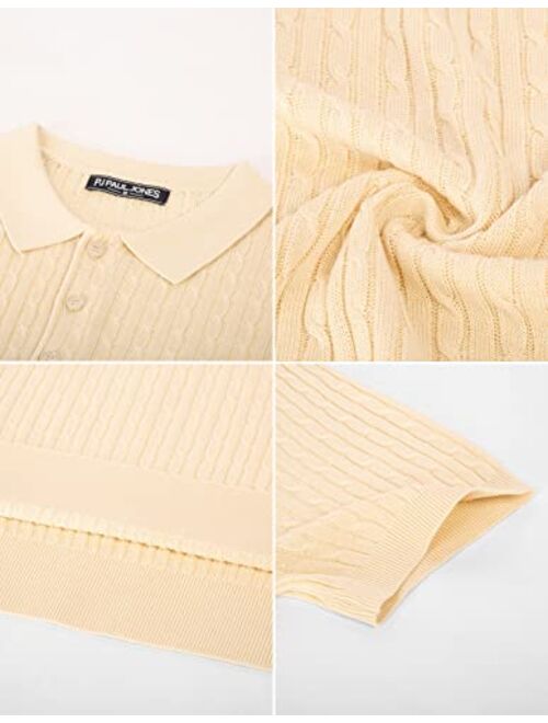 PJ PAUL JONES Mens Knitted Polo Shirts Cable Short Sleeve Golf Polo Shirt Breathable Knitting Polo Shirts