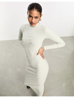 high neck knit bodycon maxi dress in pale khaki