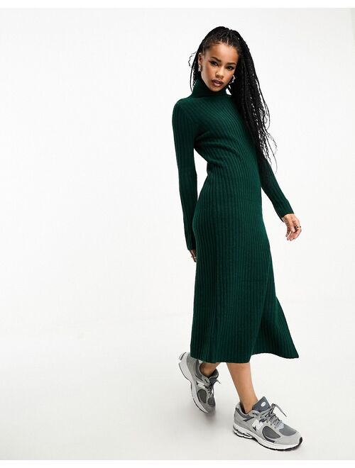 ASOS Petite ASOS DESIGN Petite knitted maxi dress with high neck and side split in dark green