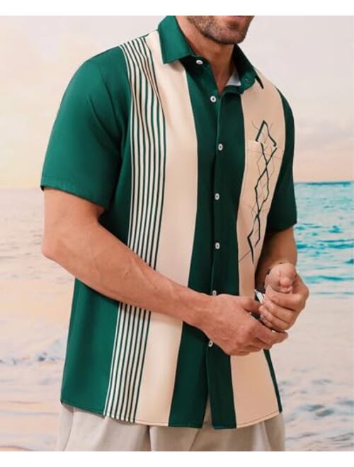 Ecosunny Men's Bowling Shirts Vintage Printed Chest Pocket Hawaiian Shirt Short Sleeve Casual Aloha Beach Camp Shirt