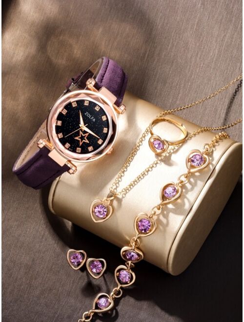 Shein 1pc Girls Rhinestone Decor Quartz Watch & 5pcs Jewelry Set
