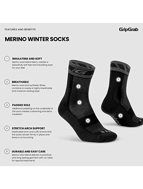 GripGrab Winter Thermal Merino Wool Cycling Socks Warm Bike Socks Padded Thick Cycling Socks Cold Weather Cycling Socks