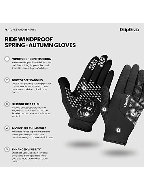 GripGrab Ride Windproof Spring Fall Gel Padded Bicycle Gloves Thermal Cycling Gloves Cold Weather Thin Winter Cycling Gloves