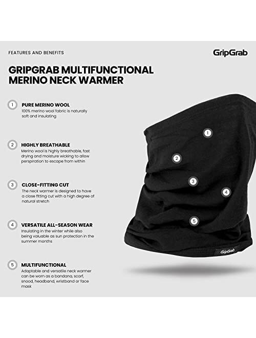 GripGrab Multifunctional Merino Wool Neck Warmer Thermal Cycling Winter Neck Gaiter Merino Neck Tube Scarf Lightweight