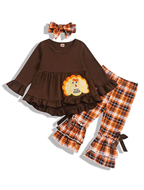Gavol Toddler Girl Thanksgiving Outfits Turkey Print Dress Top+Plaid Flares Pant Baby Girl Thanksgiving Clothes Set