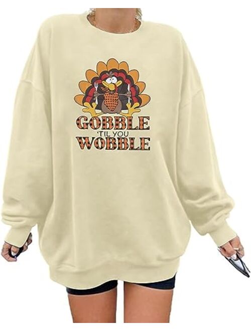 FASHGL Thanksgiving Sweatshirt Women Gobble Til You Wobble Shirt Funny Turkey Graphic Shirt Casual Long Sleeve Pullover Tops