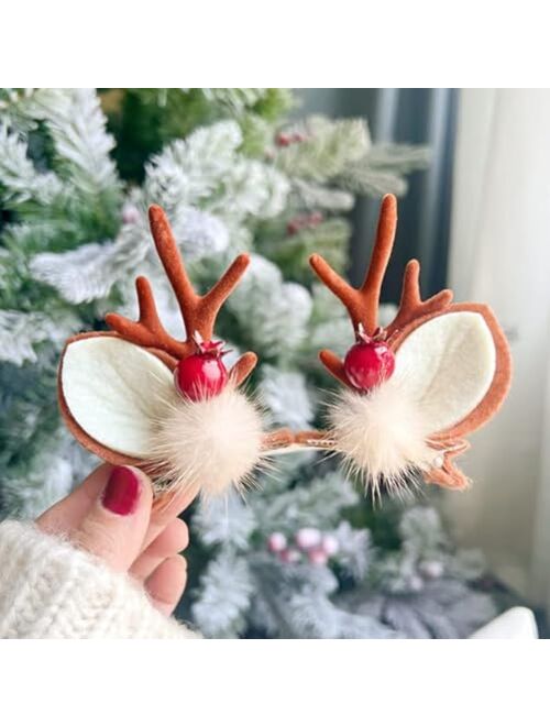Diuewow Christmas Hair Clips Deer Horns Ears Hairclips Cute Reindeer Antlers Hairpins Christmas Barrettes Xmas Headpiece Berries Mink Fur Headdress for Women Girls Kids A