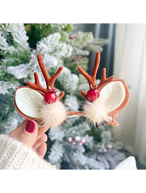 Sebneny Christmas Reindeer Antlers Headband Hairpins Hairbands Girls Women Beauty Headdresses Deer Horn Headband Ears Hairpin with Ball Flower Design Cute Reindeer Christ