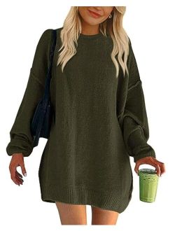 BTFBM 2023 Womens Sweaters Casual Crewneck Long Sleeve Oversized Sweater Dress Fall Winter Loose Slouchy Soft Pullover