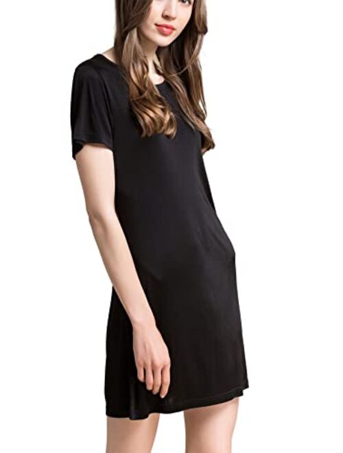 Grenasasilk Silk Nightgown Short Sleeve Mulberry Silk Sleepshirt Scoop Neck Pure Silk Nightshirt Sleepwear