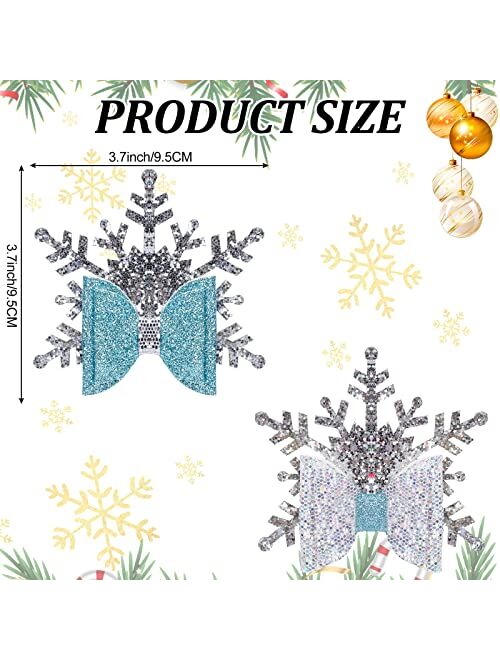 Whaline 4Pcs Christmas Snowflake Glitter Bow Hair Clips Blue Pu Leather Hairgrips Xmas Snowflake Hair Barrettes Sparkly Alligator Hair Clips for Girls Toddlers Teens Chri