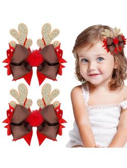 Whaline 2Pcs Christmas Reindeer Hair Bow Clips Glitter Antlers Ribbon Bow Hair Pins with Red Fluffy Nose Cute Holiday Hair Accessories for Xmas Birthday Gifts Cosplay Dra