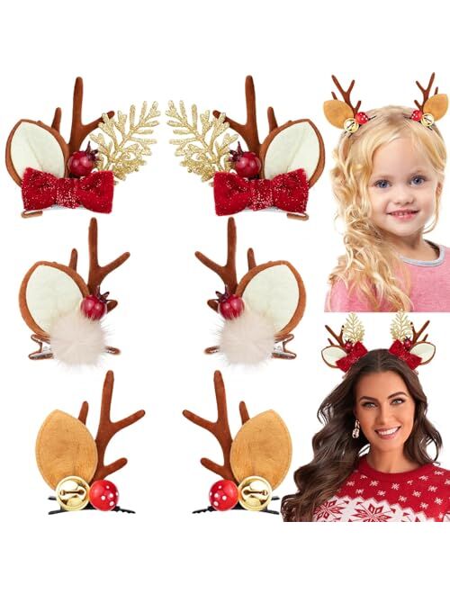 Sheharuhi 3 Pairs Christmas Hair Clips Cute Reindeer Antlers Ears Holiday Headpiece Hair Accessories Headbands for Women Girls (Cute Christmas Style)