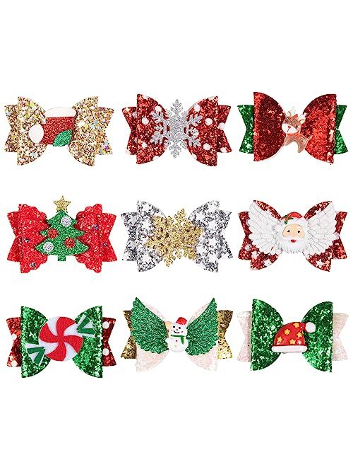 Whaline 9Pcs Christmas Bow Clips Glitter Red Green Gold Silver Hair Pins Snowflake Santa Xmas Tree Reindeer Bow Hair Barrettes Holiday Hair Accessories for Girls Women To