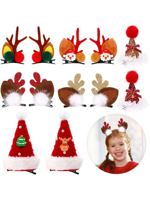 12 Pcs JUNEBRUSHS Christmas Hair Clips Accessories Cute Reindeer Antlers Headband Ears Headdress Hairpins Christmas Tree Hat Hair Barrettes Party Favors