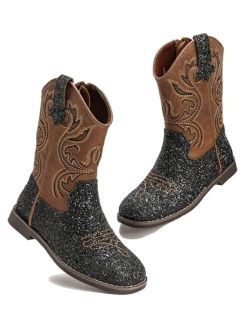 Kids Glitter Square Toe Cowgirl Boots Cowboy Western Boots Boys Girls Mid Calf Riding Shoes With Side Zipper