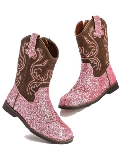 Kids Glitter Square Toe Cowgirl Boots Cowboy Western Boots Boys Girls Mid Calf Riding Shoes With Side Zipper