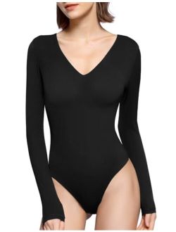 PUMIEY Bodysuits for women V Neck Long Sleeve Body Suit Sexy Tops Smoke Cloud Pro Collection