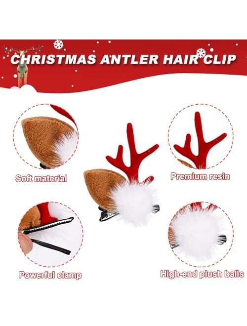 Nqeuepn 3 Pairs Christmas Hairpin, Cute Reindeer Antlers Hair Clips Cosplay Hair Pins Christmas Hair Barrettes Holiday Hair Clips for Girls Women (3 Styles)