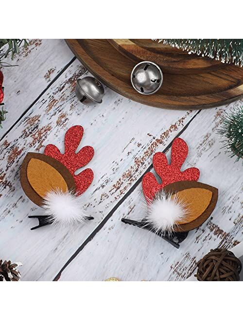 Augisteen 4 Pairs Christmas Barrettes Reindeer Antlers Hair Pins Deer Horns Ears Hair Clips Glitter Sequin Elk Antlers Hairpins Christmas Hair Barrettes with Pompoms Bows