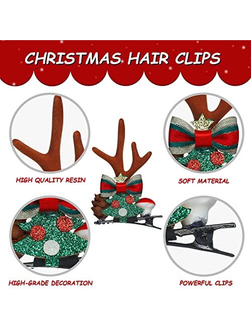 TailaiMei Reindeer Hair Clips, 2 Pairs Christmas Antlers Ears Hair Pins with Glitter Christmas tree and Santa, Cute Christmas Hair Accessory for Party Favors