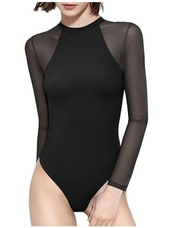 PUMIEY Mesh Long Sleeve Bodysuit for Women Crew Neck Body Suits Sexy Sheer Tops Smoke Cloud Pro Collection