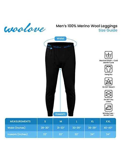 Woolove Men's 100% Merino Wool Base Layer Long Underwear Thermal Leggings - Midweight, Moisture-Wicking, Cold Weather
