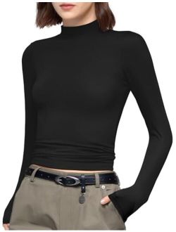 PUMIEY Women's Long Sleeve T Shirts Mock Turtleneck Slim Fit Tops Sexy Basic Tee Smoke Cloud Pro Collection