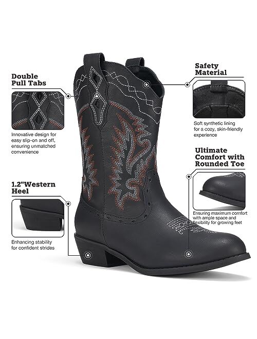 Rollda Kids Cowboy Boots Western Round Toe Cowgirl Boots for Boys Girls Toddler/Little Kid/Big Kid