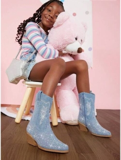 Girls Rhinestone Decor Side Zipper Western Boots