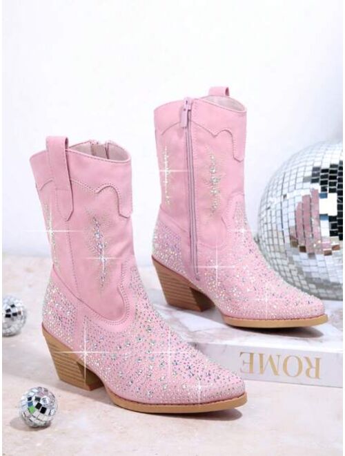 Shein Girls Rhinestone Decor Side Zipper Western Boots