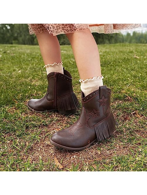 DREAM PAIRS Girls Cowgirl Cowboy Ankle Western Boots Side Zipper Riding Shoes with Tassel Little Kid/Big Kid